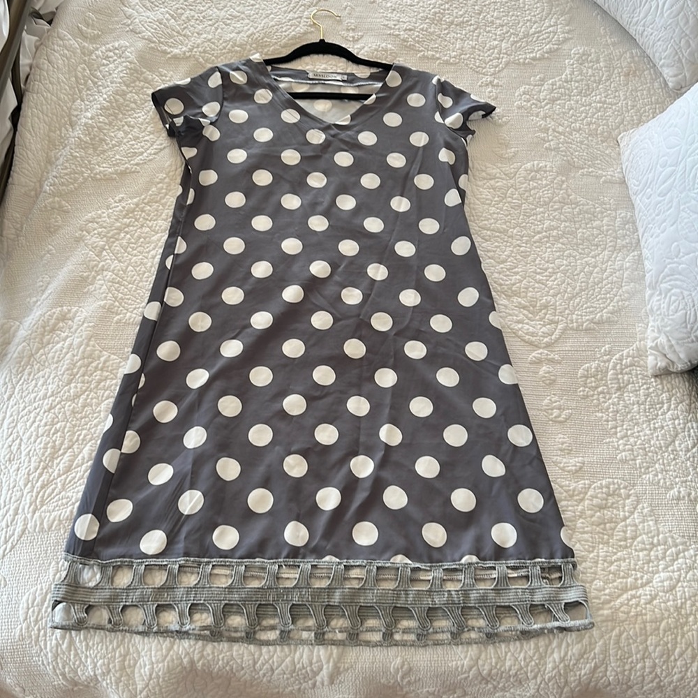 Grey and white polka dot dress.